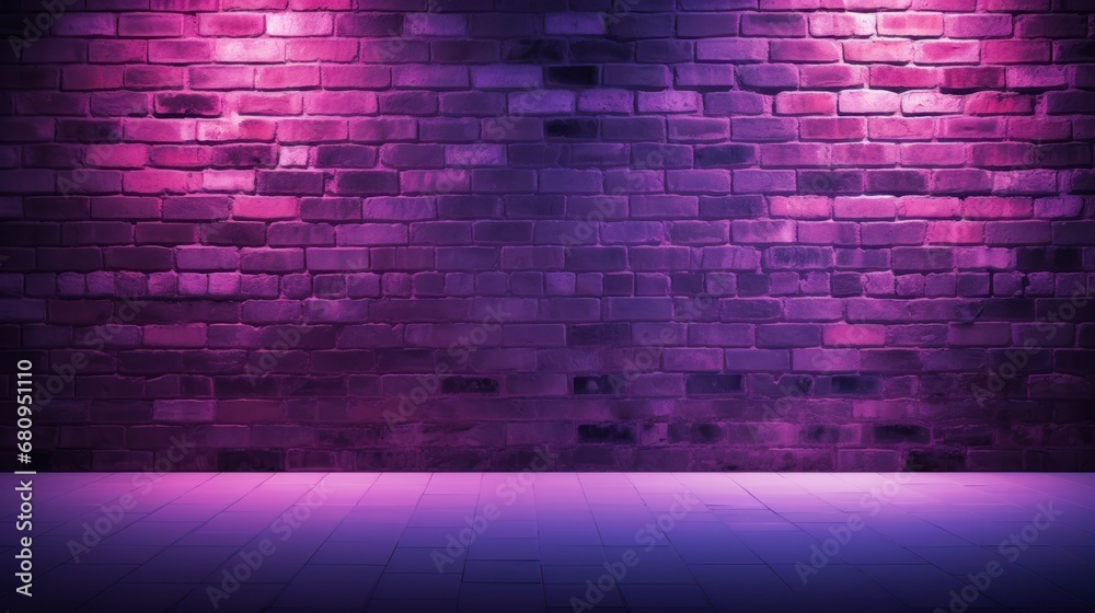 Brick wall texture pattern, pink, and purple background, spotlights reflection on the floor 