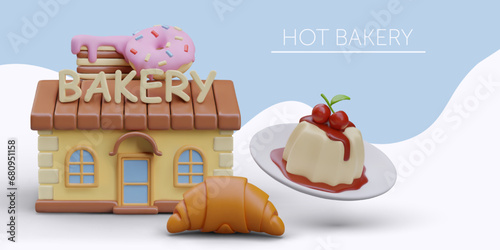 Hot bakery. Concept of fresh baked goods. Croissant, donut, piece of cake, panna cotta with cherries. Delicious and beautiful desserts. Concept on colored background with text photo