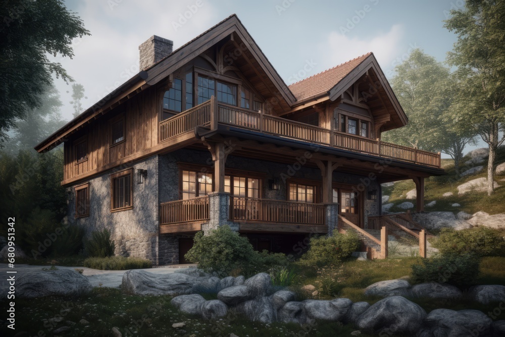 Exterior of wooden private house with stone base. Traditional chalet architecture.