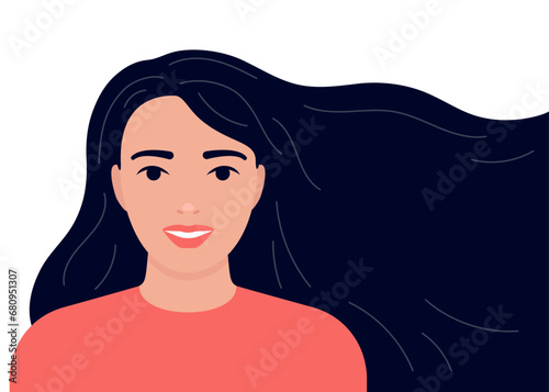 Young woman with long flowing hair. Caucasian brunette girl care for hair on head. Template for beauty salon, hair salon, shampoo or Womens Day, 8th March. Vector