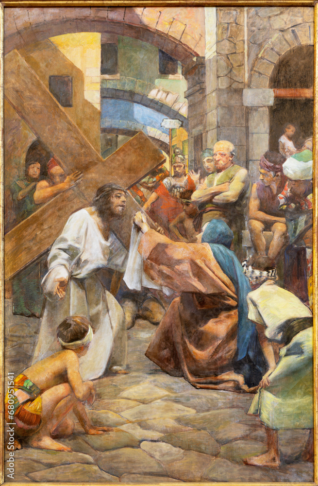 TREVISO, ITALY - NOVEMBER 8, 2023: The painting  Veronica wipes the face of Jesus as part of Cross way stations in the church La Cattedrale di San Pietro Apostolo by Alessandro Pomi (1947).