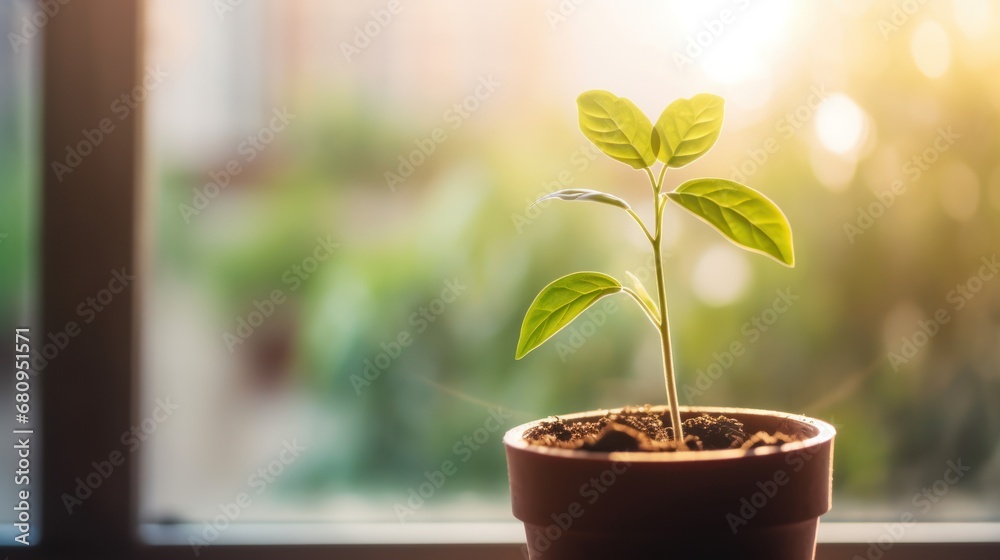 Close up young sprout growing in the soil in a pot placed near a window Close up young sprout growing in the soil in a pot placed near a window