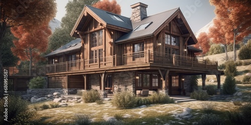 Wooden private house exterior with stone basement in autumn landscape. Traditional chalet architecture.