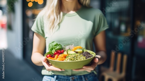 woman's hand holding vegan superbowl consisting of vegetable, salad, beans, couscous and avocado 