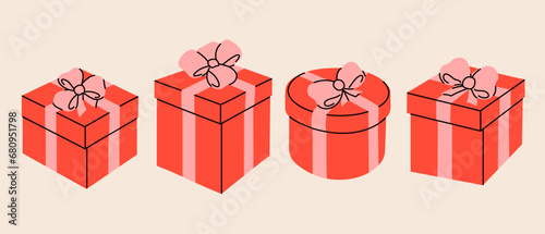 christmas vector red gift boxes set banner background in flat style illustration photo