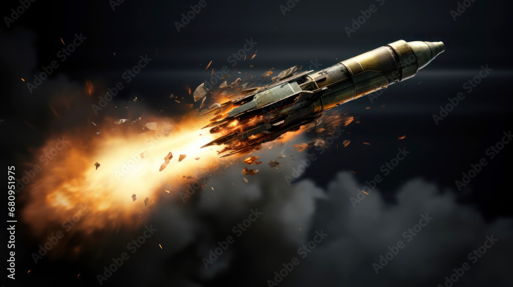Rocket or projectile in flight, with trail of fire and smoke behind it, against dark sky. Rocket in motion, explodes and scatters in all directions. Military missile. Exploding bullet. Close up. Rocket or projectile in flight, with trail of fire and smoke behind it, against dark sky. Rocket in motion, explodes and scatters in all directions. Military missile. Exploding bullet. Close up.