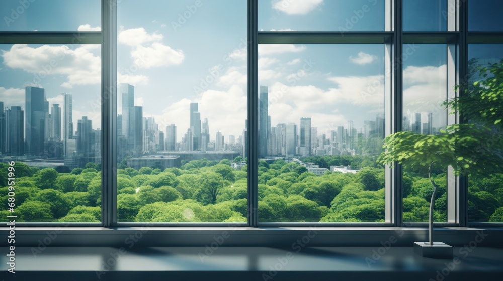 Fototapeta premium Eco green city view though window in office 