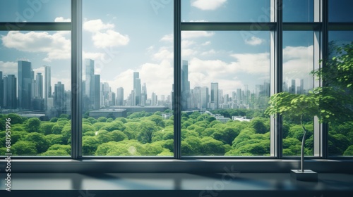 Eco green city view though window in office 