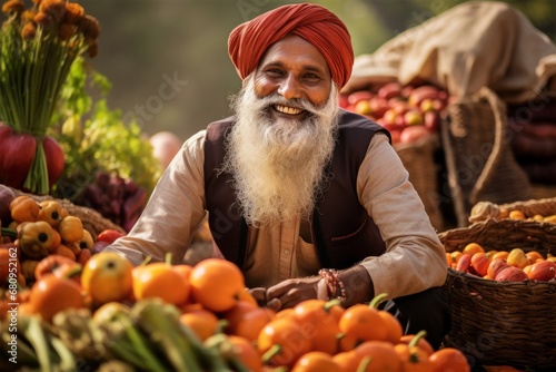 Happy cheerful smiling indian man vendor selling vegetables and fruits at the farmers market © Soffee