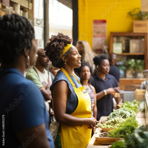 senior caucacian female woman in her 60s shopping in the produce aisle at a grocery store. She is carrying a shopping basket, picking up some fresh vegetables in yellow dress casual relax helahty photo