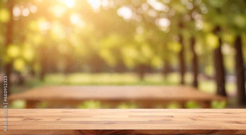 Wood table top on beautiful landscape autumn sunlight background - can be used for display or montage your products. High quality photo.