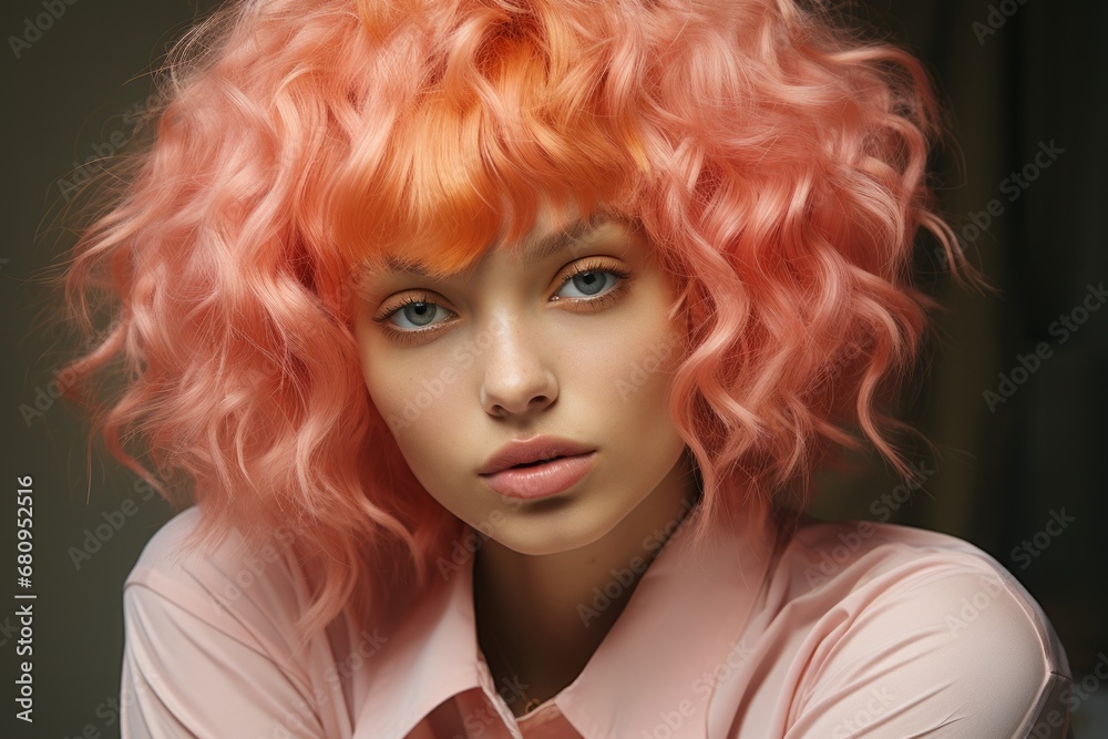 Fototapeta premium Portrait of attractive young pink hair woman with perfect makeup isolated background