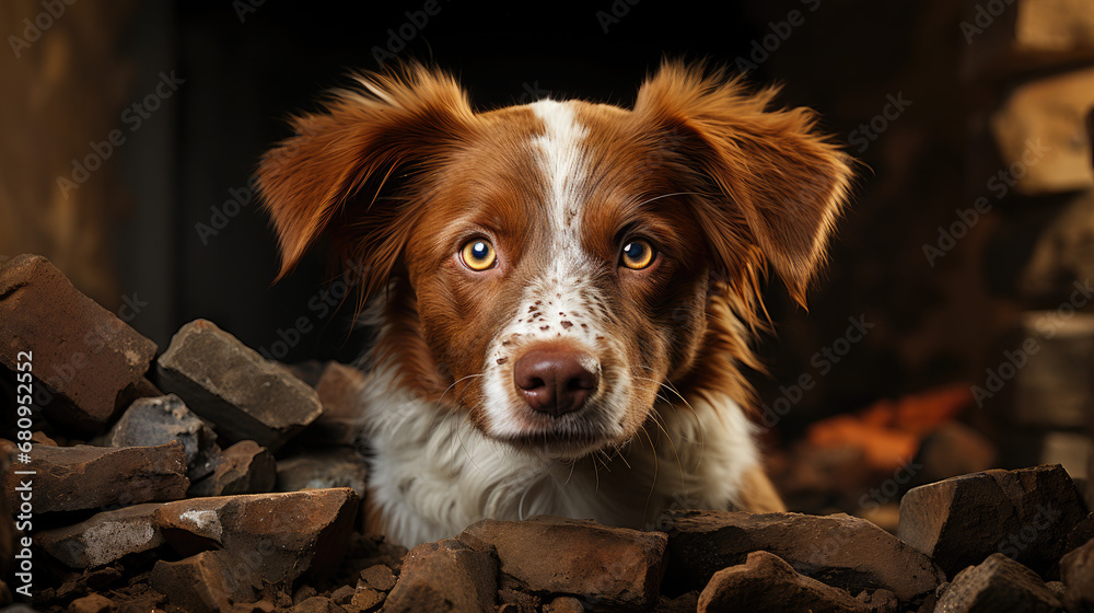 A small brown and white Brittany dog looks out from a pile of bricks in soft light - Generative AI