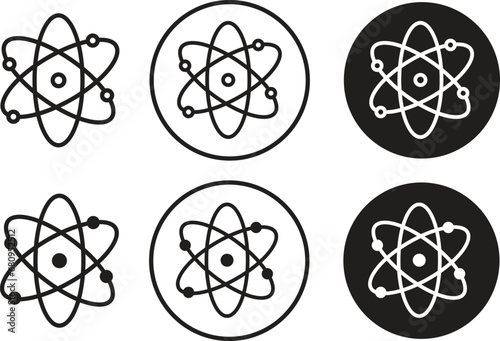 Atom icons Set . Molecule nucleus science vector symbols. physics nuclear research signs. electron, proton, or neutron chemistry icons in black Flat style with editable stock on transparent background