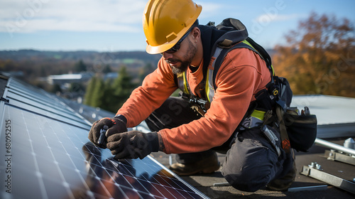 A worker with yellow helmet installs solar panels on the roof