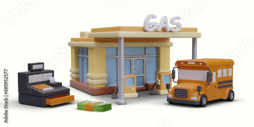 Concept of paying at gas station. 3D vector building, bus, cash register, money. Information layout, terms of payment, discounts. Place to announce promotion, sell fuel cards, coupons