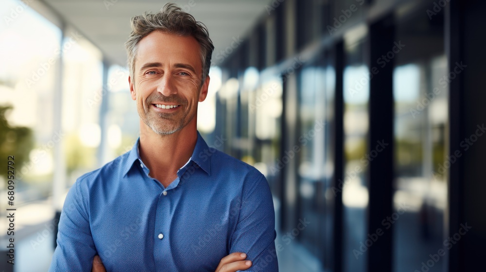 Obraz premium Happy middle aged businessman standing by his workplace, looking aside at copy space, 