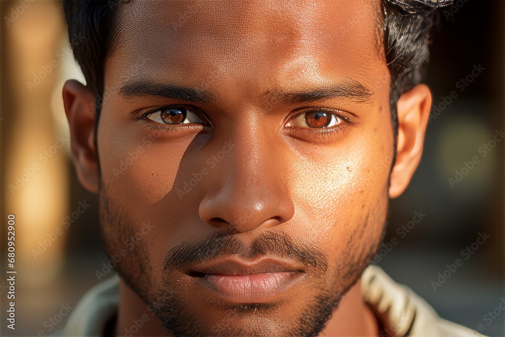 Fototapeta premium Close up male indian face handsome man with bright brown eyes looking at camera