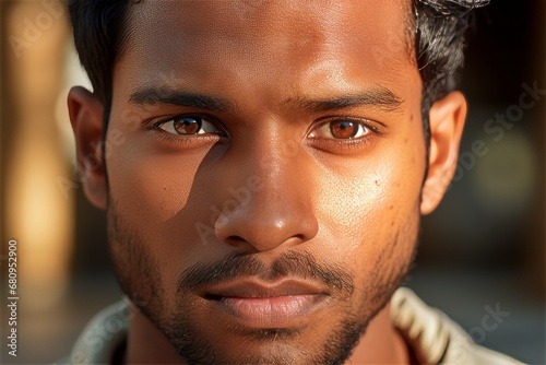 Close up male indian face handsome man with bright brown eyes looking at camera © Soffee
