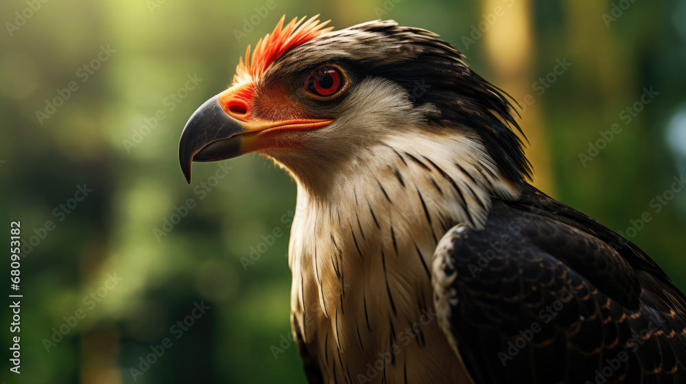Caracara plancus with brown plumage and pointed beak against blue cloudless sky