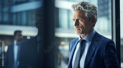 Mature businessman looking out window in modern office 