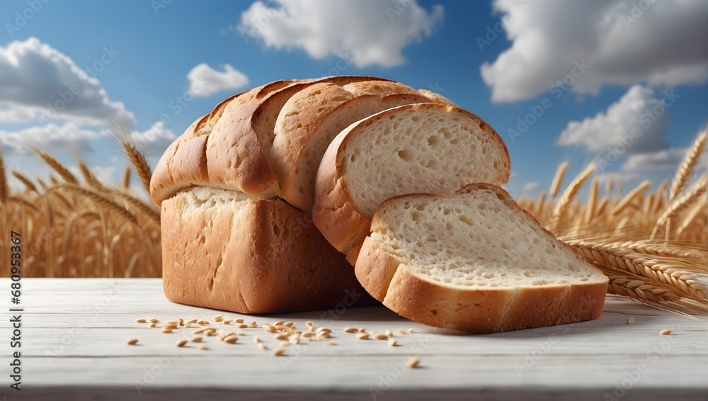 bread and wheat on an empty table in the background natural background