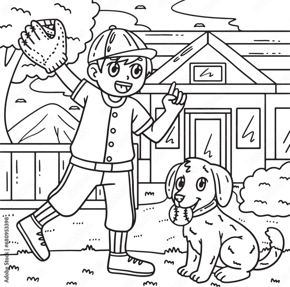 Boy and Dog Biting Baseball Coloring Page for Kids