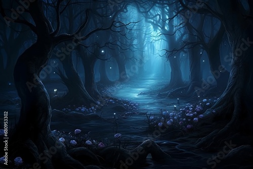 Luminous roseA high-definition CG rendering of a dark rose forest.