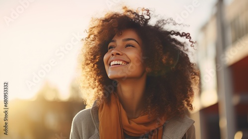 Portrait of a beautiful African American woman smiling and looking out at the park during sunset. 