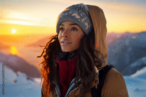 Portrait of happy young woman snowboarder skier tourist enjoying sunset in the mountains