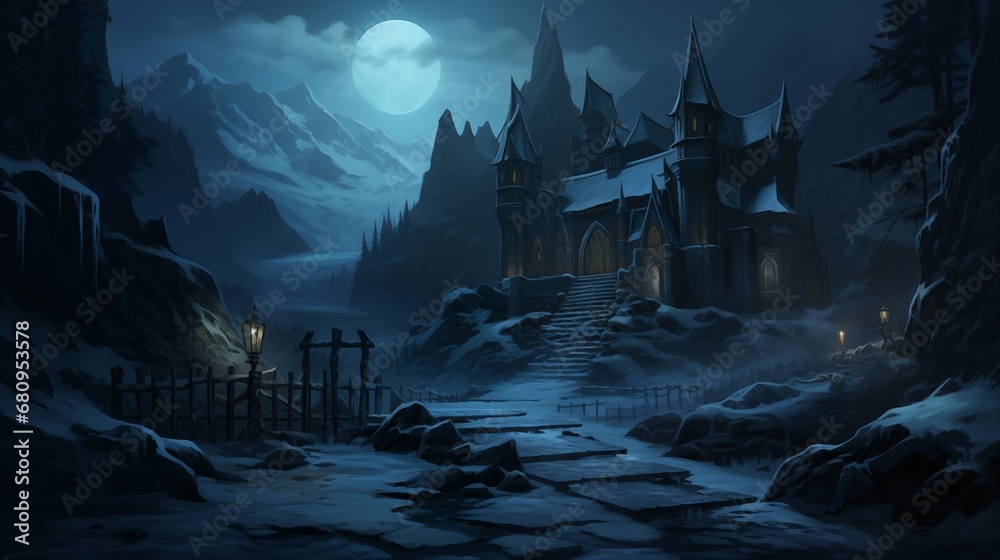 A dark-fantasy realm featuring a castle perched on a jagged mountain. Digital concept, illustration painting.