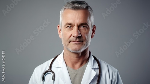 Portrait of friendly middle aged european male doctor in workwear with stethoscope  photo