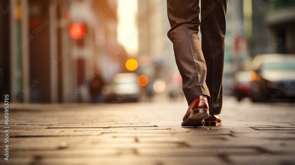 Rear back view feet of businessman commuting to work. Rear back view feet of businessman commuting to work.
