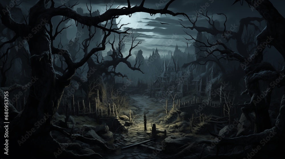 A dark-fantasy haunted forest. Digital concept, illustration painting.