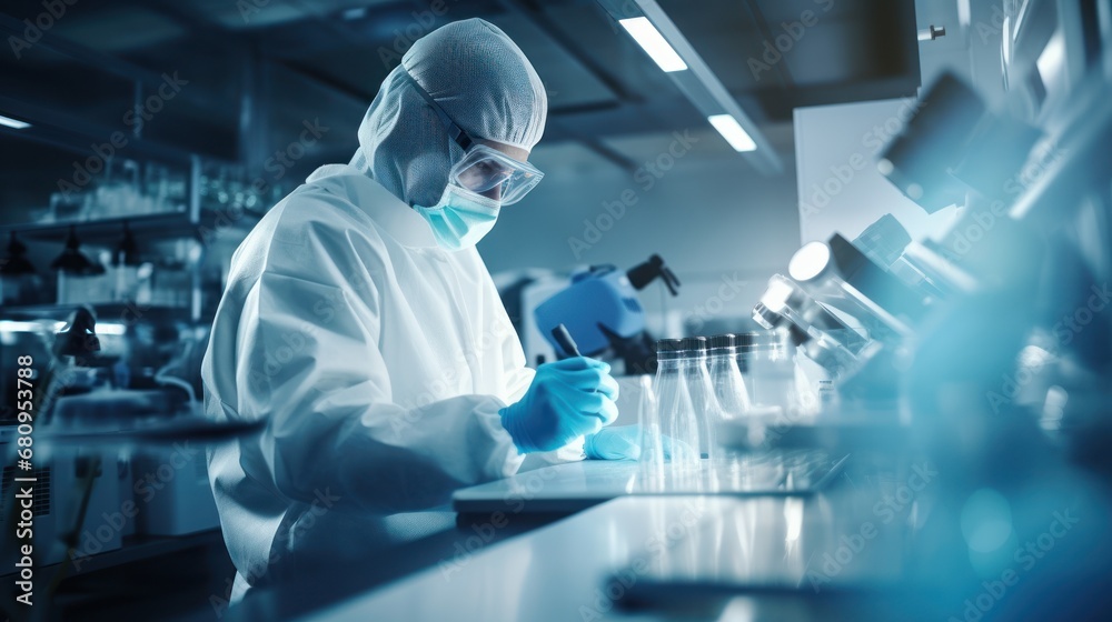 Researcher in a protective mask working in a laboratory of a research institute. Researcher in a protective mask working in a laboratory of a research institute.