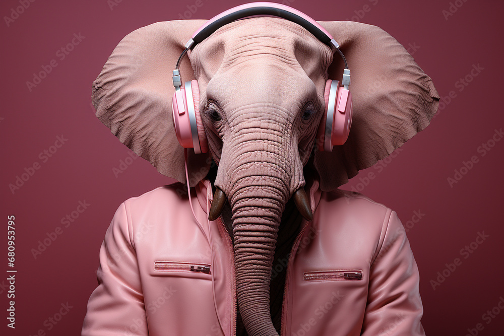 A delightful illustration of a pink elephant wearing music headphones, enjoying a musical moment. Ai generated