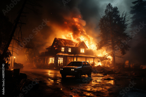 A dramatic scene capturing a car parked near a house engulfed in intense and destructive fire flames. Ai generated