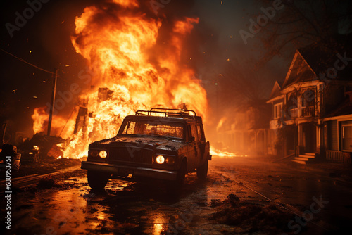 A dramatic scene capturing a car parked near a house engulfed in intense and destructive fire flames. Ai generated © dragomirescu