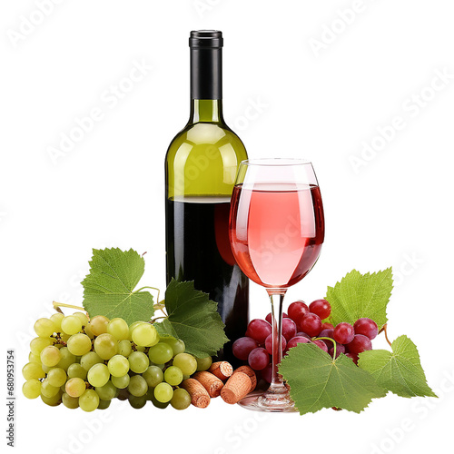 rose wine bottle, glass wine and grapes isolated on transparent or white background, png photo