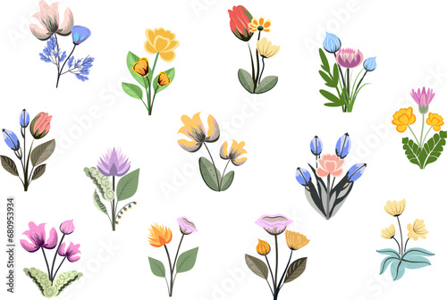 A set of a variety botanical plants and flowers. Miniature images of endangered flora.