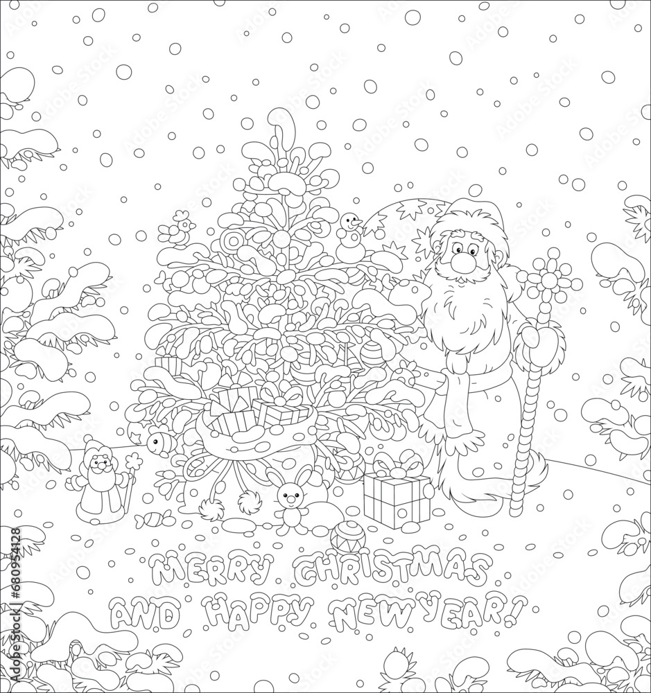 Merry Christmas and happy New Year card with Santa Claus holding his gift bag and a magical staff looking out from behind a decorated fir tree, black and white vector cartoon illustration