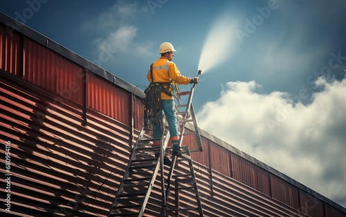 side view of Worker standing on ladder and cleaning house metal roof 
