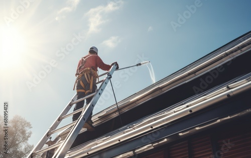 side view of Worker standing on ladder and cleaning house metal roof 