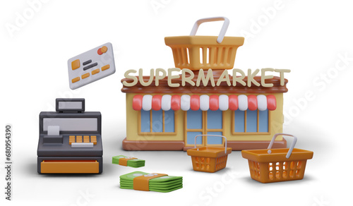 Concept of cash and cashless payment in supermarket. 3D store building, cash register, credit card, money, shopping baskets. We accept various forms of payment