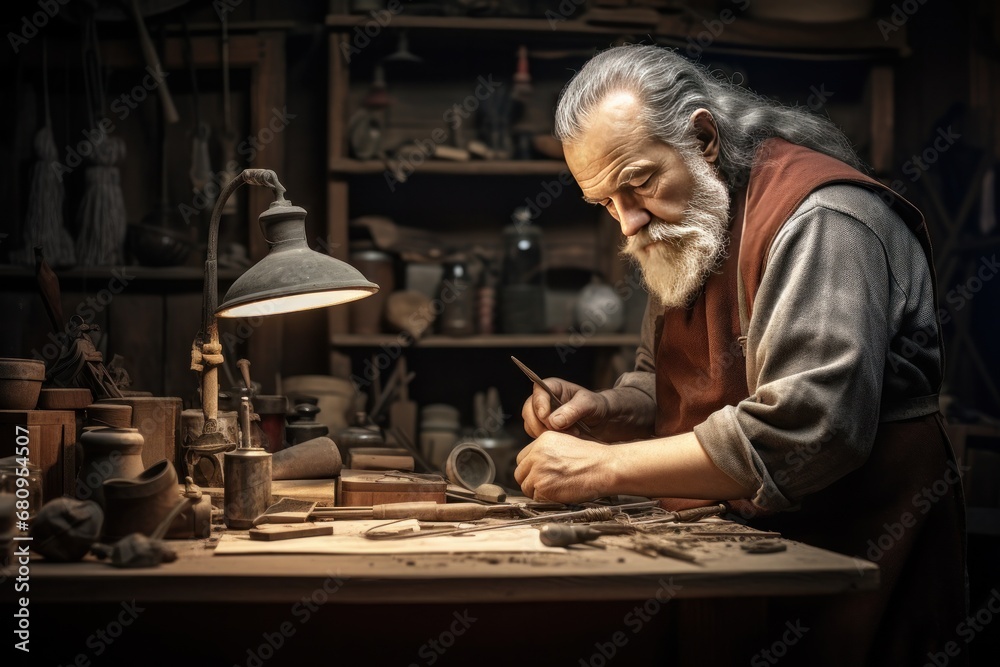 Skilled artisan crafting with wood in vintage workshop. Traditional craftsmanship.