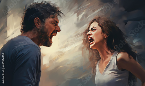 Man and woman yell at each other, couple arguing, illustration generated by AI