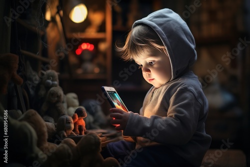 Toddler girl engaged with smartphone in cozy room. Impact of technology on children.