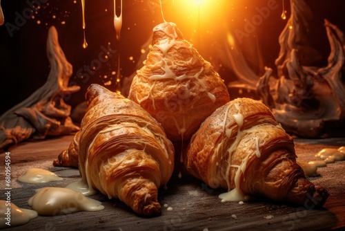 Freshly baked croissants with dripping glaze on wooden table. Gourmet pastries and indulgence.