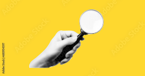 Collage on the theme of seo. Modern elements with a hand holding a magnifying glass. Trendy shapes. Vector yellow background photo