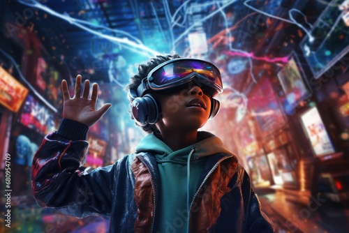 Young boy experiencing virtual reality in futuristic cityscape. Technology and entertainment.
